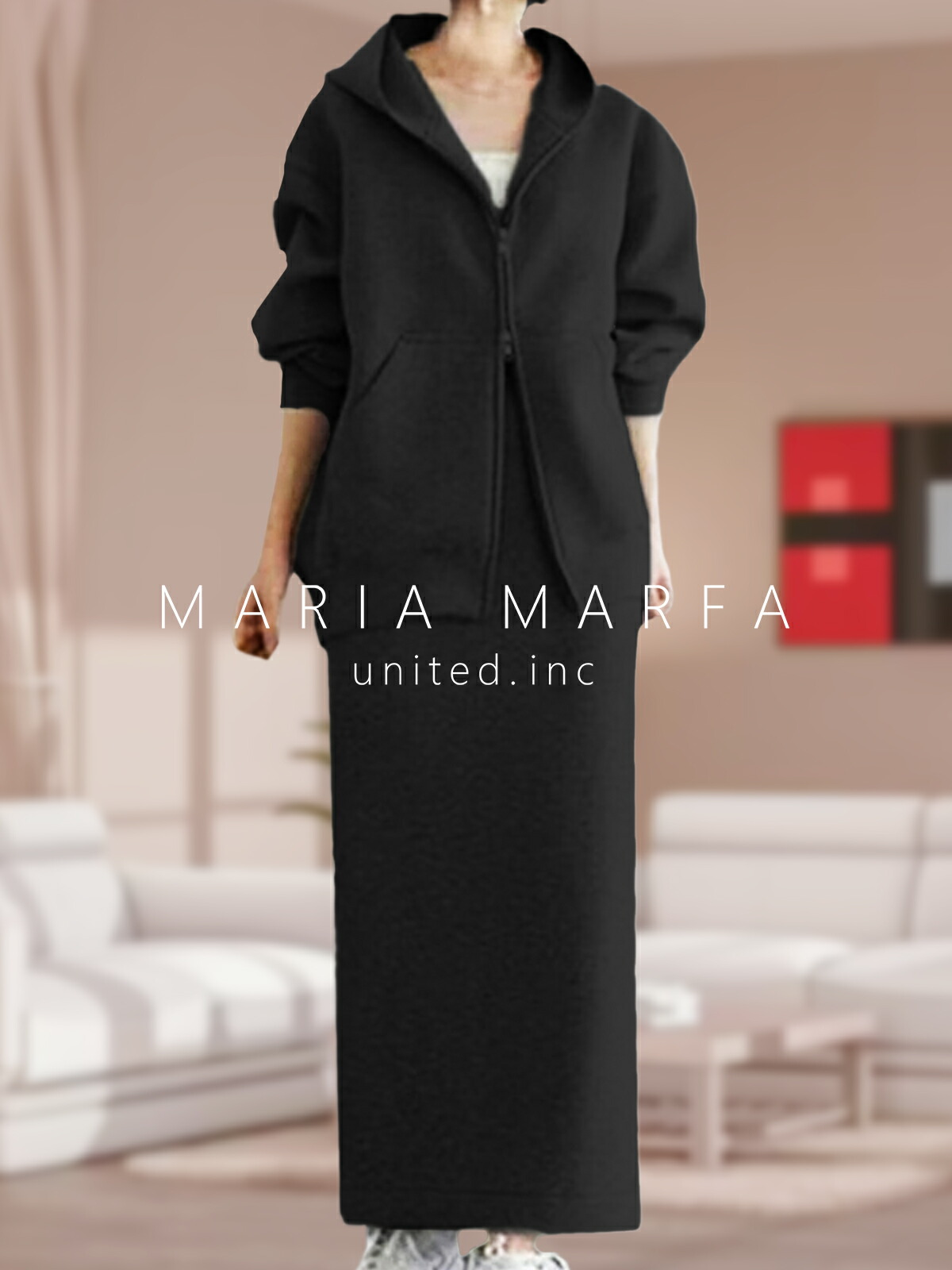[MARIA MARFA] レディース 汗水 セットアップ お座敷御召しもの ダブルジップ パーカー ロング スコート 長袖