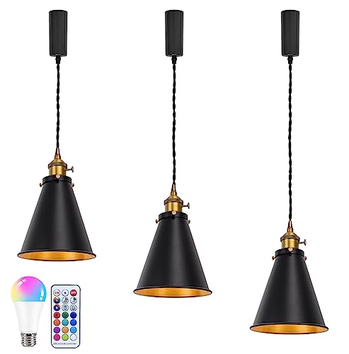 3個セット ペンダントライト 電球色+11色RGB 吊り下げライト ダクトレール式 ライティングレール用 コード100cm 収納コップ付き リモコンつき タイマー機能 モード替え可 照度調節 RGB電球付属 回転スイッチ付き E26対応 外黒・裏ゴールド 直径19cm|Lemon8