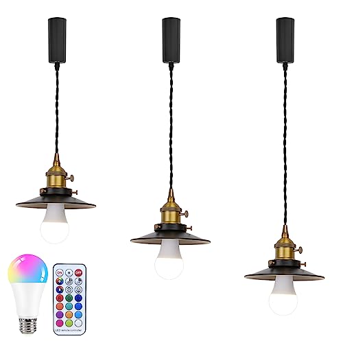 3個セット ペンダントライト 電球色+11色RGB 吊り下げライト ダクトレール式 ライティングレール用 コード100cm 収納コップ付き リモコンつき タイマー機能 モード替え可 照度調節 RGB電球付属 E26対応 回転スイッチ付き on/off可