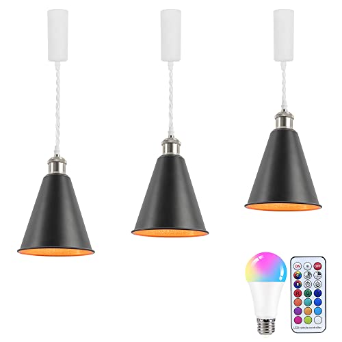 3個セット ペンダントライト 電球色＋11色RGB ダクトレール式 吊り下げライト ライティングレール用 コード100cm 収納コップ付き リモコンつき タイマー機能 モード替え可 照度調節 E26対応 RGB電球付属 外黒・裏ゴールドシェード