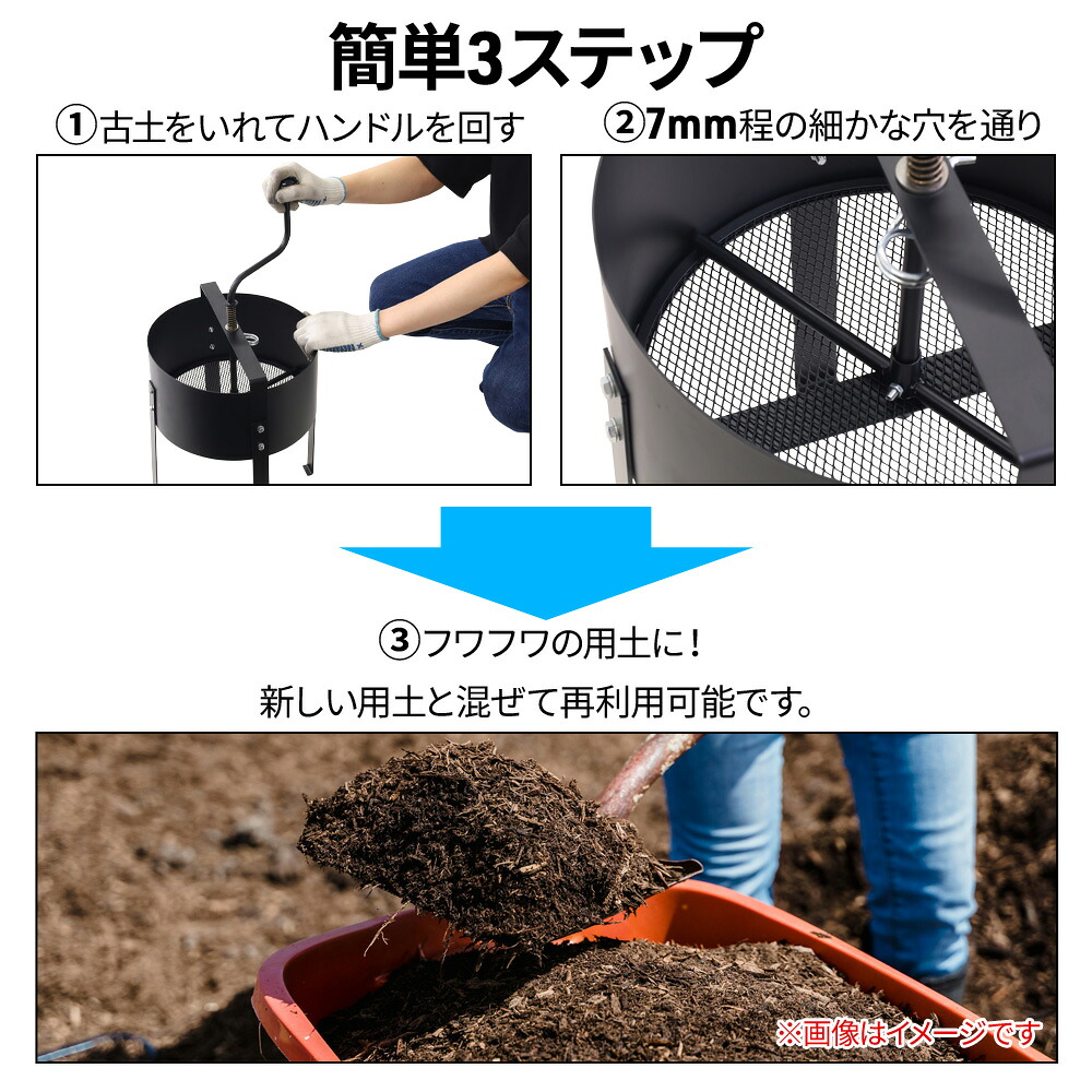 土ふるい 土ふるい機 ガーデン ロータシーブ 土 ふるい 土ふるい器 再生 用土 土ふるい リサイクル 再利用 農作業 家庭菜園 畑 ガーデニング 簡単 楽 回転式 用土分別 時短 花壇 腐葉土 エコ 菜園 園芸 雑草