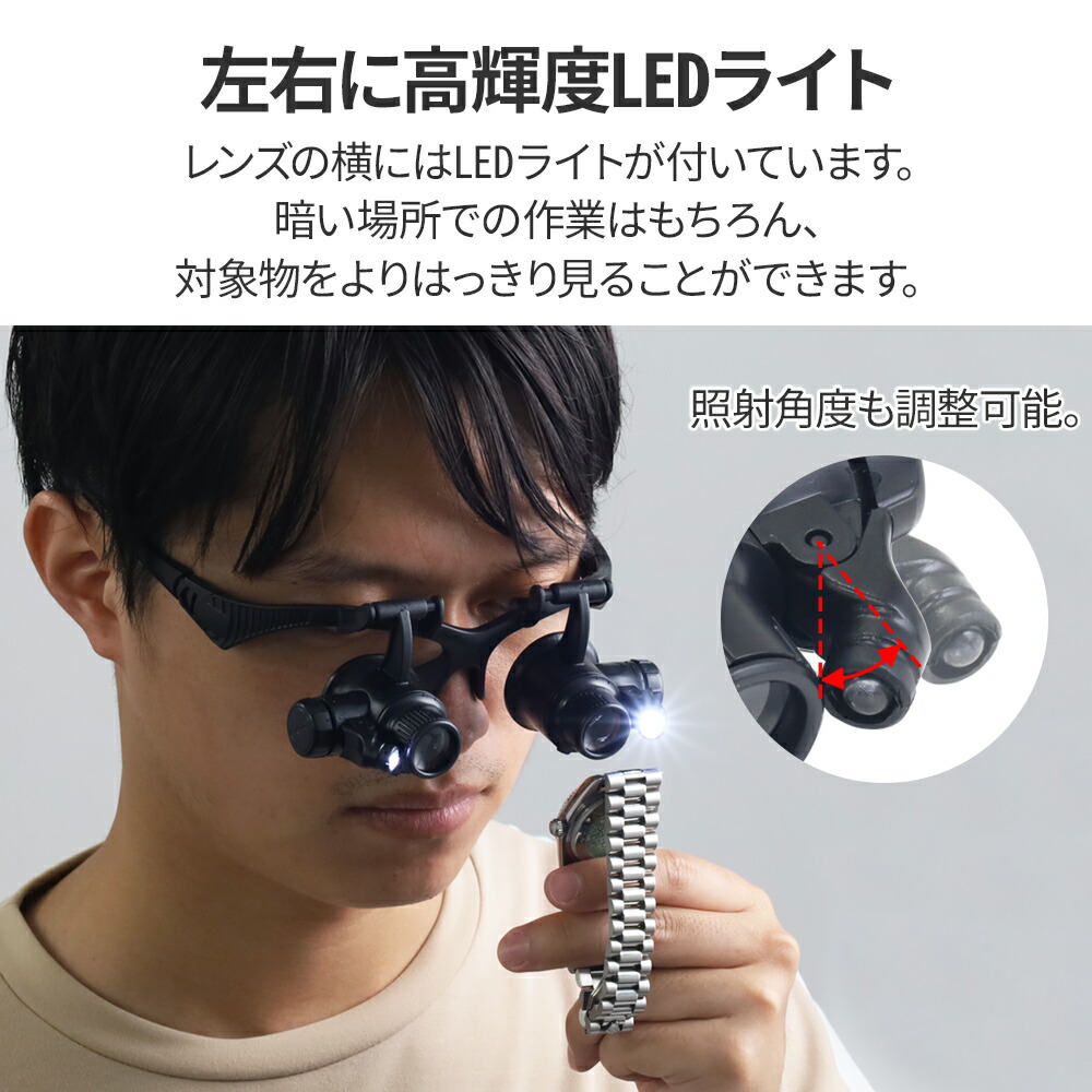 拡大鏡 ルーペ メガネ メガネ型ルーペ 10倍 15倍 20倍 25倍 LEDライト