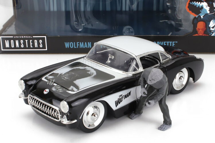 ジャダ 1/24 シボレー コルベット ウルフマン フィギュア付き 1957 ブラック ホワイト 開閉 JADA 1:24 CHEVROLET CORVETTE WITH WOLFMAN FIGURE 1957 BLACK WHITE