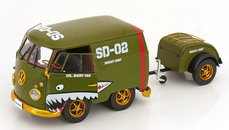 ソリド 1/18 フォルクスワーゲン T1 クール コンビ アーミーファイター 2023 オリーブグリーン ゴールデン レッド 開閉Solido 1:18 VW T1 Kool Kombi Army Fighter 2023 olive green golden red｜Reowide モデルカー カタログ SHOP