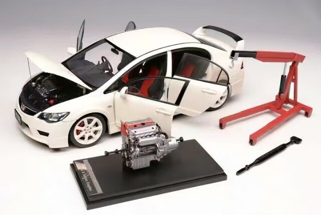 モーターヘリックス 1/18 ホンダ シビック タイプR FD2 2007 初期バージョン チャンピオンシップホワイト ディスプレイエンジン+エンジンクレーン付き 開閉MOTORHELIX 1:18 Honda Civic Type R FD2 2007 Early Version CHAMPIONSHIP WHITE｜Reowide モデルカー カタログ SHOP