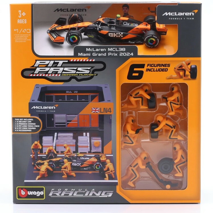 ブラーゴ 1/43 マクラーレン F1 MCL38 ジオラマ ガレージ ピットストップ チーム マクラーレン #4 2024 ランド ノリス フィギュア＆アクセサリー付きBURAGO 1:43 McLAREN F1 MCL38 DIORAMA GARAGE PIT-STOP N4 2024 LANDO NORRIS WITH FIGURE AND ACCESSORIES｜Reowide モデルカー カタログ SHOP