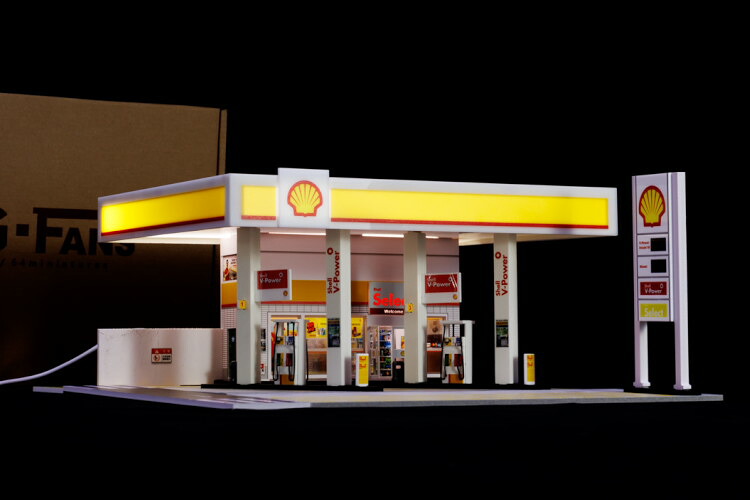G-Fans 1/64 シェル ガソリンスタンド 建築 ジオラマ ※ミニカー・フィギュアは付属しません G-Fans 1:64 Shell Gas Station Architectural Diorama