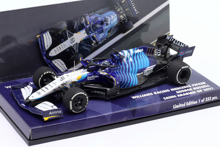 ミニチャンプス 1/43 ウィリアムズ FW43B #63 サウジアラビアグランプリ フォーミュラ1 2021 ジョージ・ラッセル 333台限定Minichamps 1:43 Williams FW43B #63 Saudi Arabia GP formula 1 2021 George Russell Limitation 333 pcs.｜Reowide モデルカー カタログ SHOP