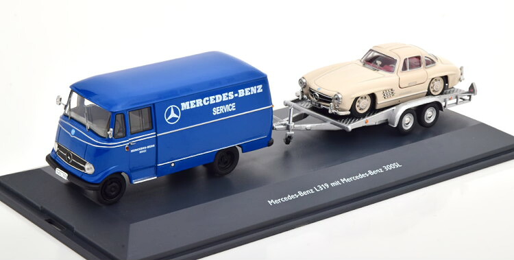 シュコー 1/43 メルセデス ベンツ L319 VAN メルセデス サービス 1961 トレーラー ブルー + 300SL クーペ W198 ベージュSCHUCO 1:43 MERCEDES BENZ L319 VAN MERCEDES SERVICE 1961 WITH TRAILER BLUE AND 300SL COUPE (W198) BEIGE|Reowide モデルカー カタログ SHOP