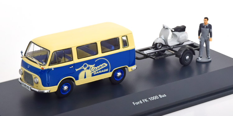 シュコー 1/43 フォード FK 1000 バス ブルー /クリーム トレーラー ベスパ 付き Schuco 1:43 Ford FK 1000 Bus with trailer and Vespa blue creme