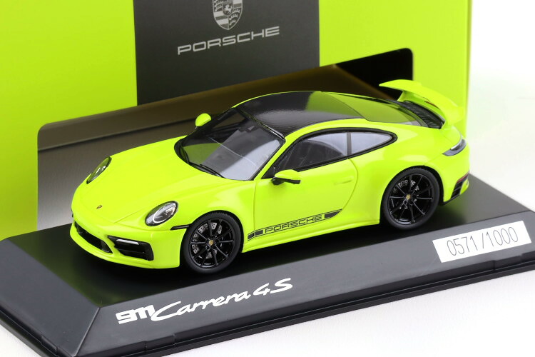 ポルシェ特注 ぴかぴか光る 1/43 ポルシェ 911/992 カレラ 4S クーペ エアロ一揃いの道具 2019 アシッドグリーン/黒いこと\u003cBR\u003eSpark 1:43 Porsche 911/992 Carrera 4S Coupe Aero Kit 2019  Acid green/black
