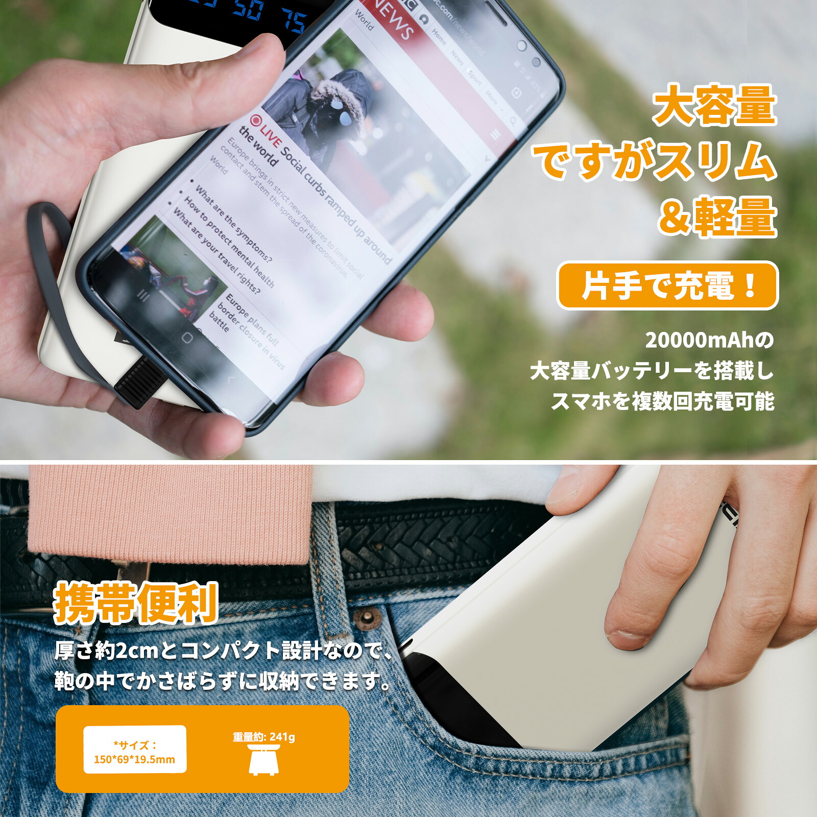 EEIVOL モバイルバッテリー 大容量 軽量 20000mAh 急速充電 ケーブル 