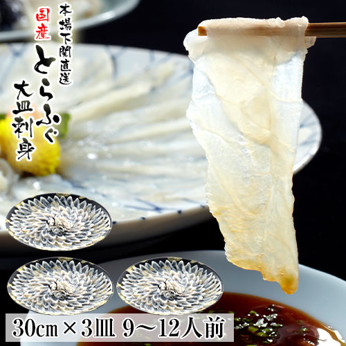 ふぐ とらふぐ ふぐ刺し ふぐ刺身 9～12人前 30cm ×3皿 プラ皿 ふぐセット 湯引 皮刺し ポン酢 もみじおろし 本場 山口県 下関 直送 国産 寅河豚 冷凍便 送料無料 てっさ ふぐ刺し 御祝 御礼 内祝 誕生日 長寿祝 景品トラフグ 虎河豚  御歳暮 御年賀 お歳暮 お年賀