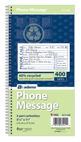【中古】【未当て嵌める・未開封品】Adams Recycled Phone Message Book, 2-Part Carbonless, 4 Messages per Page, 400 Sets/Book (SC1154R)