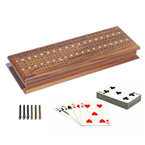 【中古】【未使用・未開封品】WE Games Cabinet Cribbage Set - Solid Walnut Wood with Inlay Sprint 3 Track Board with Metal Pegs & 2 Decks of Cards