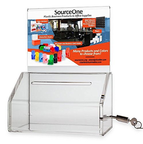 【中古】【未使用・未開封品】SourceOne Donation Box with Lock - 5-Inch Wide Acrylic Storage Container - Clear Sign Holder by SourceOne