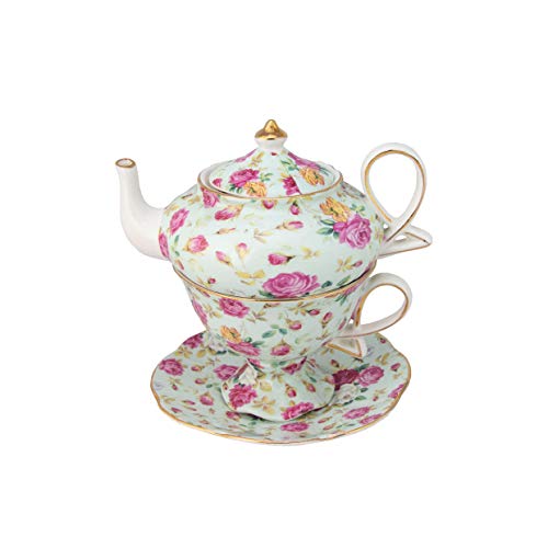 【中古】【未使用・未開封品】Gracie China by Coastline Imports 4-Piece Porcelain Tea for One, Stacked Teapot Cup Saucer, Blue Cottage Rose Chintz by Gracie China by画像