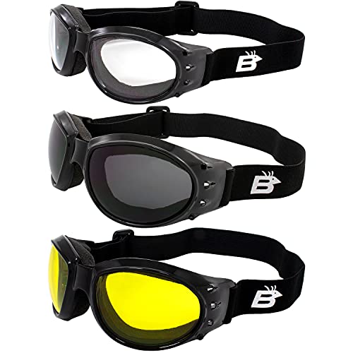 【中古】【未使用・未開封品】Birdz Eagleパッド入りバイクゴーグル エアソフトゴーグル 3点 クリア、スモーク、イエロー　昼夜の快適バイクライディングに どんな気象条件で
