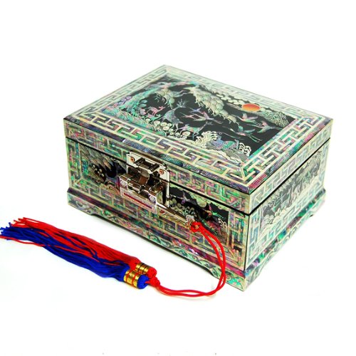 【中古】【未使用・未開封品】Mother of Pearl Long Life Emblems Design Asian Lacquered Wooden Lock Jewellery Trinket Keepsake Treasure Gift Box Case Chest Organiser