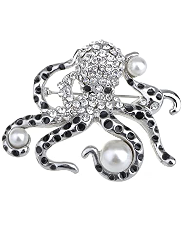 【中古】【未使用・未開封品】Alilang Silver Tone Faux Pearl Clear Crystal Coloured Rhinestones Octopus Brooch Pin