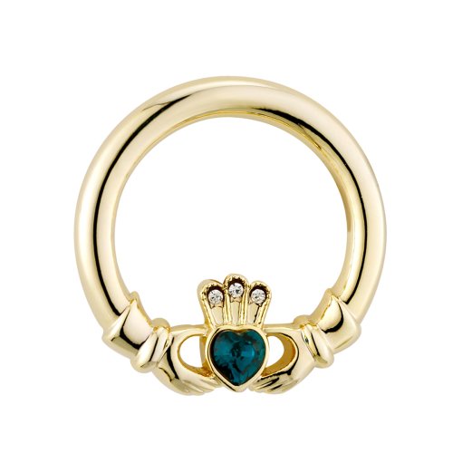 【中古】【未使用・未開封品】Gold Plated w/Green Stone Claddagh Heart & Crown Brooch