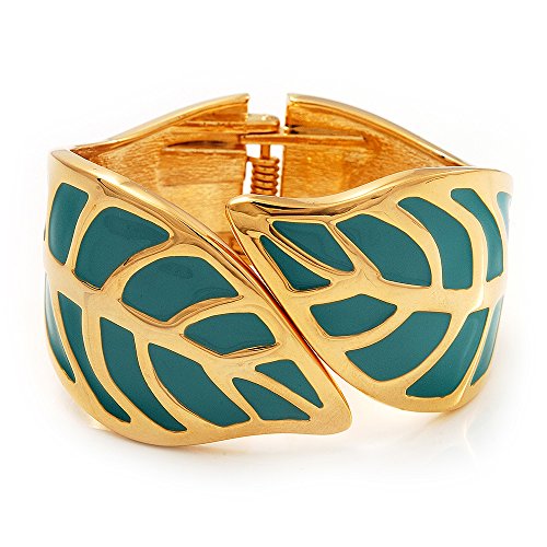 【中古】【未当て嵌める・未開封品】青緑色Colouredエナメル\u0027 Leaf \u0027 Hinged Bangle Inゴールドメッキメタル???18?糎長
