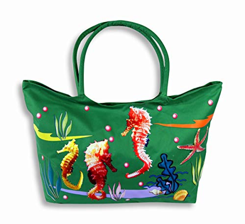 【中古】【未使用・未開封品】Waterproof Jumbo Green Canvas Beach Tote Bag Seahorse Design Zipper Closure 24 x 38cm x 15cm