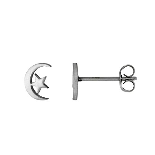 【中古】【未使用・未開封品】Stainless Steel Tiny Moon \u0026 Star Stud Earrings 0.8cm High