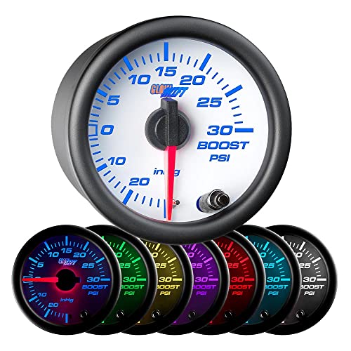 【中古】【未使用・未開封品】GlowShift White 7 Color 30 PSI Turbo Boost/Vacuum Gauge Kit - Includes Mechanical Hose & T-Fitting - White Dial - Clear Lens - for Car