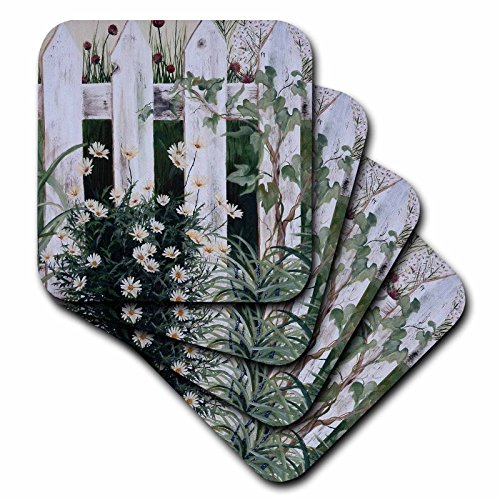 【中古】【未使用・未開封品】(set-of-4-Soft) - 3dRose cst_44360_1 Weathered White Picket Garden Fence with Daisies and Vines-Soft Coasters, Set of 4画像