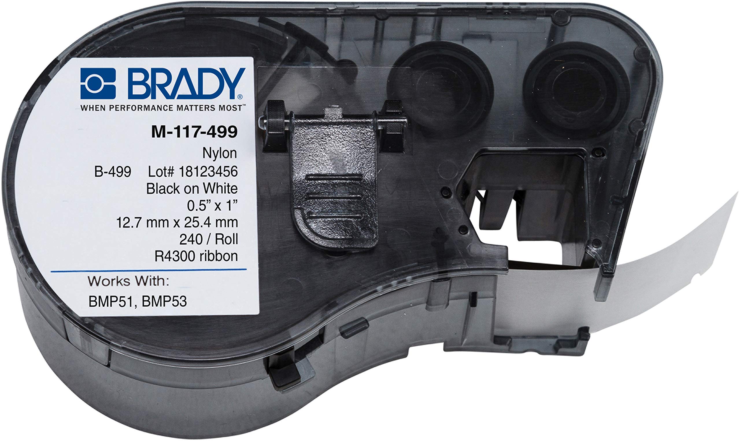 【中古】【未使用・未開封品】Brady M-117-499 Nylon Cloth B-499 Black on White Label Maker Cartridge with 3/8 Top Vial Diameter, 1 Width x 1/2 Height, For BMP51/BMP5