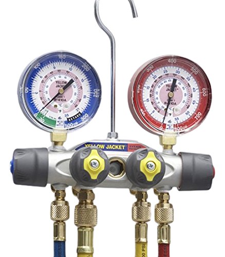 【中古】【未使用・未開封品】Yellow Jacket 49967 Titan 4-Valve Test and Charging Manifold degrees F, psi Scale, R-22/404A/410A Refrigerant, Red/Blue Gauges by Yello｜AJIMURA-SHOP