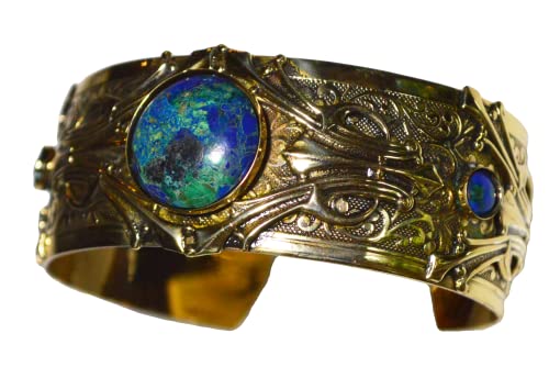 【中古】【未当て嵌める・未開封品】Hand Polished Antique Brass Art Deco Motif Cuff Bracelet - Chrysocolla