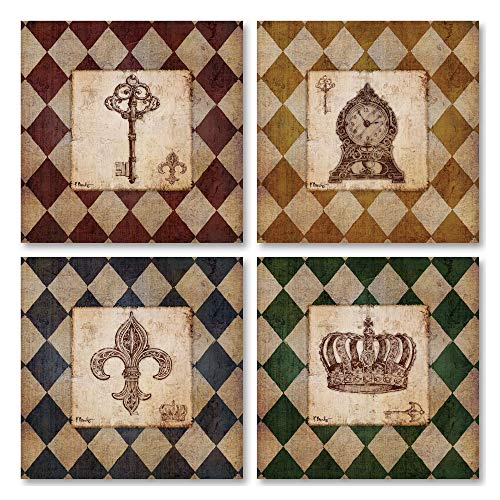 【中古】【未使用・未開封品】アンティークヴィンテージHarlequinモダンFleur with Checkered Border Four 12x12in Poster Prints
