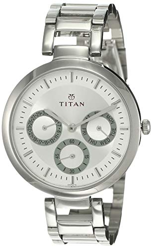 【中古】【未当て嵌める・未開封品】Titan レディース コンテンポラリークロノグラフ/多役立つこと/御役目着 ゴールド/しろがね色金属元素/レザーストラップ 鉱物水晶 石英 アナロ