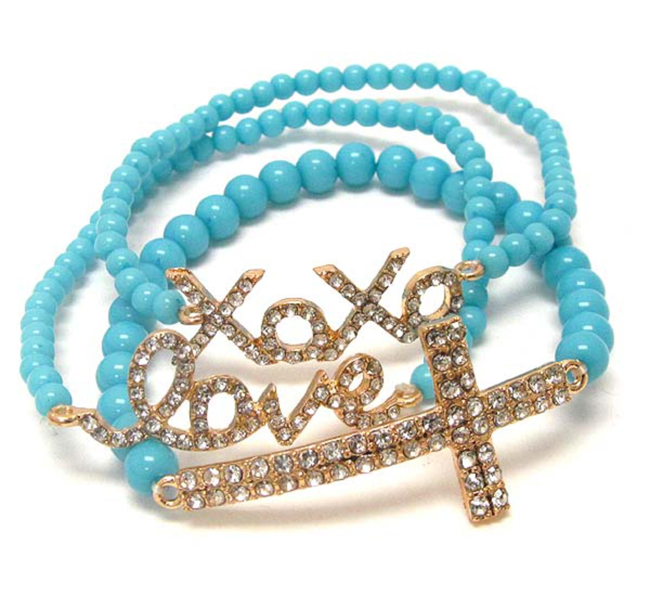 【中古】【未使用・未開封品】Crystal Deco XOXO Love、クロスメッセージストレッチブレスレット???3のセット???ゴールドAqua / azbrst018-gaq