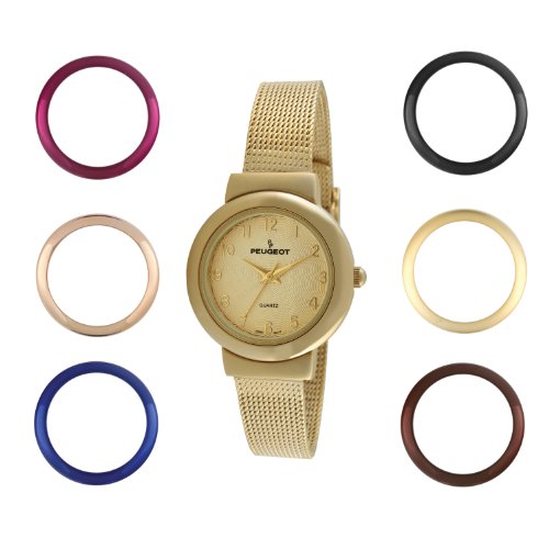 【中古】【未使用・未開封品】Peugeot Women's Slim All Gold Stainless Steel Mesh Bracelet 7 Bezel Interchangeable Watch Gift Set 642G