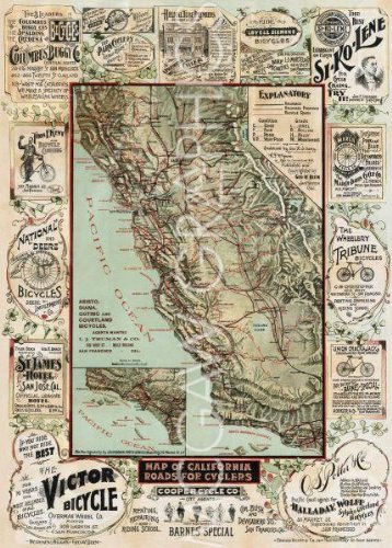【中古】【未使用・未開封品】マップカリフォルニア州の道路のCyclers、1896?byジョージ・W・ブラム28?\" x20?\"アートプリントポスター