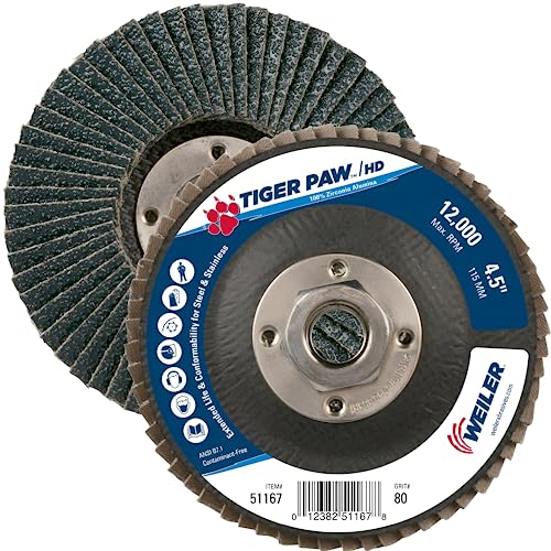 【中古】【未当て嵌める・未開封品】Weiler 51167 Tiger Paw XHD Super High Density Abrasive Flap Disc, Type 27 Flat Style, Phenolic Backing, Zirconia Alumina, 4-1/2 Diamete