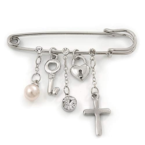 【中古】【未使用・未開封品】シミュレートパール\'、クロス、ロック&キー\'安全ピンブローチinロジウムメッキメタル- - - - - - -|AJIMURA-SHOP