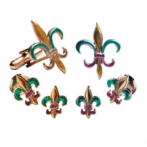 【中古】【未使用・未開封品】Mardi Gras Colored Fleur De LisシルバータキシードスタッドとCufflinks｜AJIMURA-SHOP