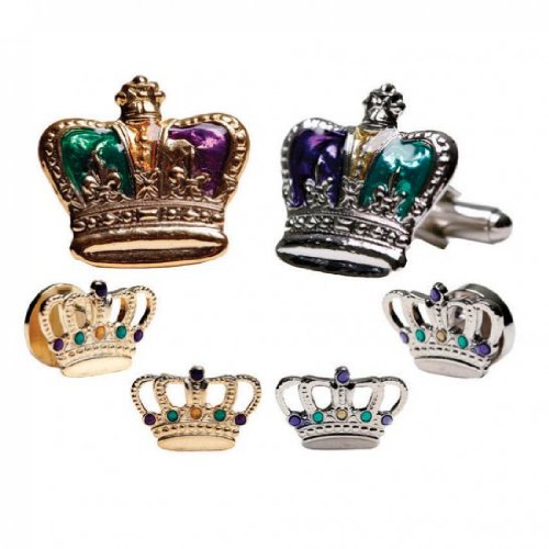 【中古】【未当て嵌める・未開封品】Mardi Gras Colored CrownsシルバートリムタキシードスタッドとCufflinks