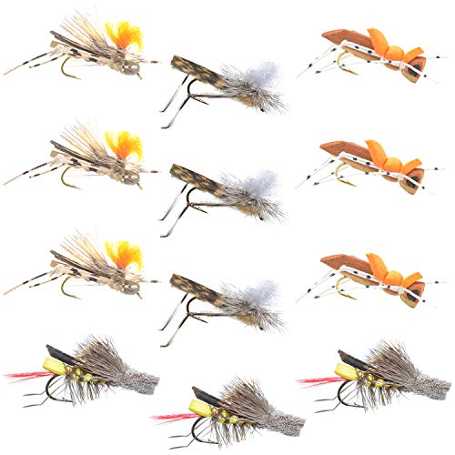 【中古】【未使用・未開封品】Trout Fly Assortment - Four Best Grasshopper Trout Dry Fly Fishing Flies Collection - 1 Dozen Flies - 4 Hopper Fly Patterns