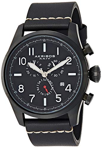 【中古】【未使用・未開封品】Akribos XXIV AK705BK - メンズ腕時計、レザー、カラー：ブラック