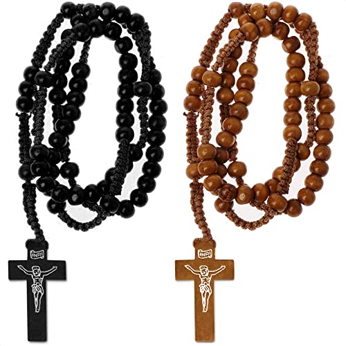【中古】【未当て嵌める・未開封品】2pc Tan \u0026 Black Coloured Wooden Beads Rosary Necklaces with Jesus Imprint Cross 靴-その他