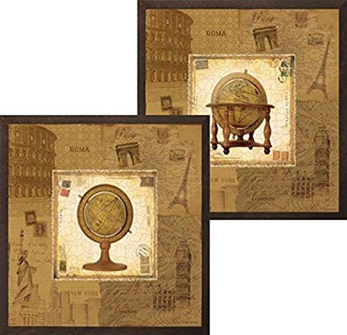 【中古】【未使用・未開封品】Framed Globe I and IIによって設定Pela Design 12?x 12アートプリントポスター旅行ヴィンテージマップローマパリロンドンニューヨーク