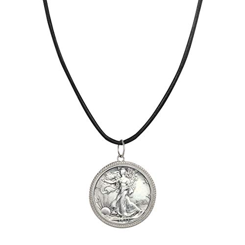 【中古】【未使用・未開封品】American Coin Treasures メンズ レザーコードネックレス シルバー ウォーキング リバティ ハーフダラーペンダント | 100歳以上の本物の米国コイ