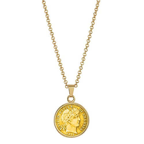 【中古】【未使用・未開封品】American Coin Treasures 製 ゴールドレイヤー入りシルバー Barber ダイム 金色のコイン ペンダントネックレス 18インチチェーン付き 16,286円