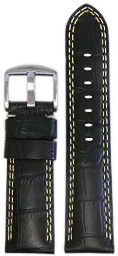【中古】【未使用・未開封品】22mm XL Panatime ブラック本革腕時計バンド ゲイタープリント、イエロー+ホワイトステッチ、イエローバッキング 135/85 22/20