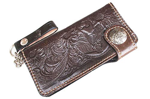 【中古】【未使用・未開封品】カウハイドレザーパターンバイカー/トラッカークラッチメンズ財布/財布二つ折り財布/ブラウンで男性のための安全チェーン付き/馬の花のデザイン[｜AJIMURA-SHOP